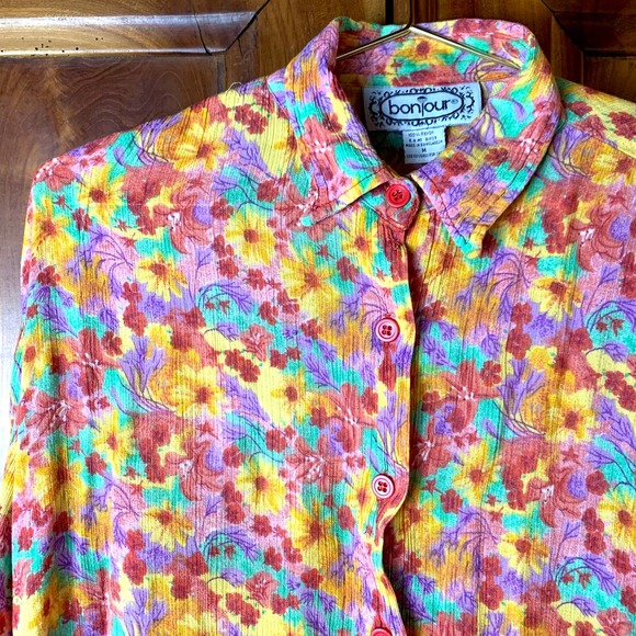 Vintage 90s Bonjour Rainbow Flower Power Button Down- M - Picture 1 of 9